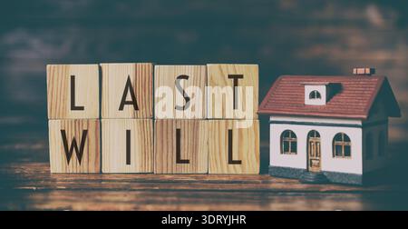 Die Worte sind aus Holzwürfeln mit Buchstaben und Hausmodell auf dem Tisch. Bannerdesign Stockfoto
