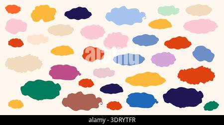 Set mit welligen organischen Blob-Spots. Farbenfrohe, fließende Inseln und weiche Wolken für Hintergrundfüllungen, Stickergrafiken und abstrakte Kompositionen. Vektorillustration für unregelmäßige Patch-Silhouetten. Stock Vektor