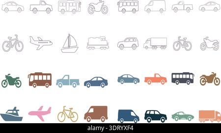 Transport Fahrzeug Icons Set Autos Bus Lkw Fahrrad Flugzeug Boot Vektor Sammlung Stock Vektor