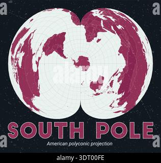 Südpol Weltkarte. Amerikanische polykonische Projektion, zentriert auf dem Südpol. Mit einer hellen Mintfarbe und einem dunkelrosa Farbton mit Vintage-Textur. Stock Vektor