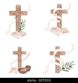Nahtlose Muster Holzkreuz in Band, Olivenzweige und Leinentuch, handgemalte christliche Aquarellillustration auf weißem Hintergrund Stockfoto