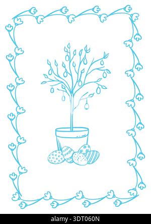 Osterkarte mit Baum, und gemalte Eier und Blumenkartusche Vektor-Grafiken Illustration. Skurriles, handgezeichnetes Poster für die Weihnachtsgrüße. Festlich Stock Vektor