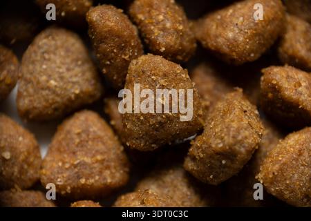 Makroaufnahme von braunen Trockenfutterpellets mit detaillierter Textur und Form, die Tierernährung und Tierpflege repräsentieren Stockfoto