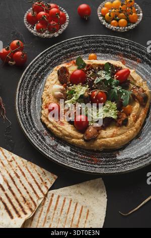 Mosaik aus Aromen auf einem Teller mit verschiedenen Zutaten und Beilagen für eine herzhafte Mahlzeit Stockfoto