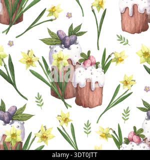 Aquarellmuster mit Ostermustern und Narzissen Stockfoto