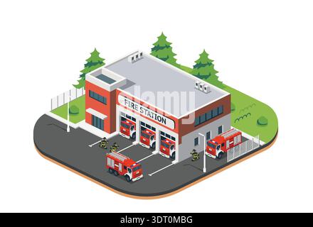 Isometrisches Feuerwehrhaus mit LKW und Feuerwehr. Vektorabbildung. Objekt auf weißem Hintergrund isoliert. Stock Vektor