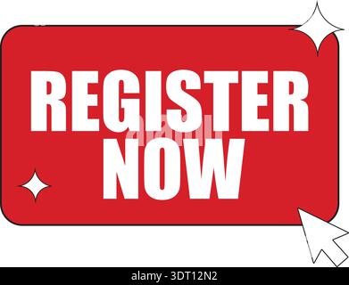 Eine rote Schaltfläche mit weißem Text „JETZT REGISTRIEREN“ und ein Mauszeiger auf dem Computer, der darauf zeigt, wird für Handlungsaufrufe und Online-Registrierung verwendet Stock Vektor