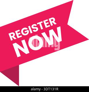 Ein leuchtend rosafarbenes Banner mit dem fettgedruckten weißen Text „JETZT REGISTRIEREN“ auf einem sauberen weißen Hintergrund, perfekt für Marketing- und Werbematerialien. Stock Vektor