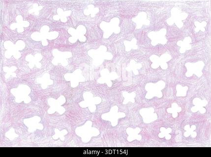 Nahtloses, handgezeichnetes Muster mit weißen Blumenschildern auf lila hellem Hintergrund. Blumen in verschiedenen Größen, einfache Form mit vier Blütenblättern. Frühlingsblüte. Design für Kinder, Stoff, Tapeten, Karten Stockfoto