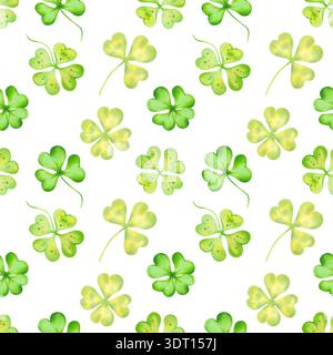 Nahtloses Muster mit Kleeblättern und vierblättrigen Kleeblättern. Aquarellabbildungen. Handgezeichnete isolierte Kunst. Irisches Symbol des St. Patrick's Day Stockfoto