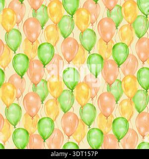 Nahtloses Muster mit Ballons. Aquarell- und Markierungsabbildung. Hintergrund zu Geburtstagen, Patrick Day. Handgezeichnete isolierte Kunst. Geeignet für Stockfoto