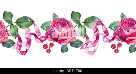 Nahtloser Blumenrand mit rosa Pfingstrosen, magentafarbenen Seidenbändern und roten Beeren. Horizontales botanisches Muster perfekt für Stockfoto