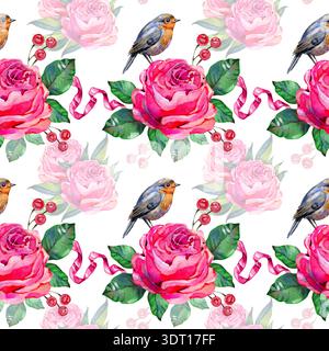 Nahtloses Aquarellmuster mit rosafarbenen Pfingstrosen, bezaubernden Singvögeln, roten Beeren und Seidenbändern. Ein lebendiges, romantisches botanisches Tapetendesign Stockfoto