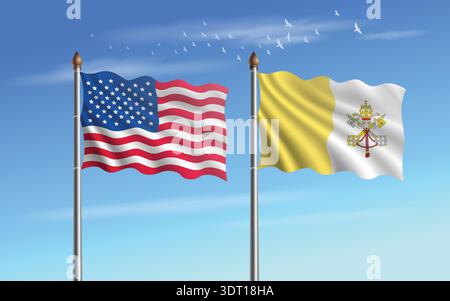 USA und Vatikan-Stadt-Tabelle Flaggen Beziehung zum Himmel Hintergrund Stock Vektor