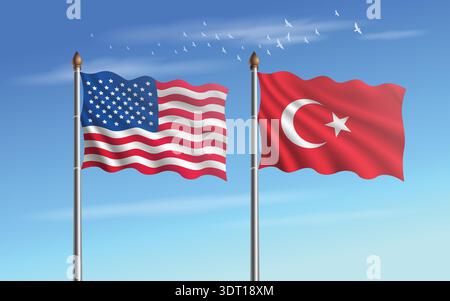 USA und Türkei Tabelle Flaggen Beziehung zum Himmel Hintergrund Stock Vektor