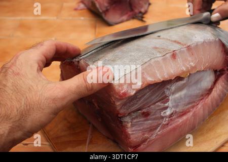 Konzept der gesunden Ernährung und mediterranen Ernährung mit einer Person, die frischen fettigen Fisch zum Kochen zubereitet. Stockfoto