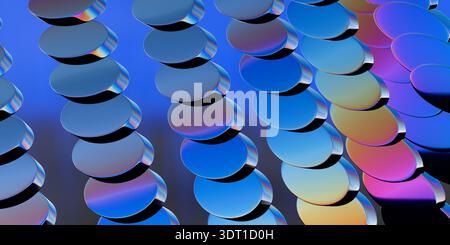 Nahaufnahme abstrakter Discs mit blauen und lila Farbverläufen, die einen modernen Kunsteffekt erzeugen. 3D-Rendering Stockfoto