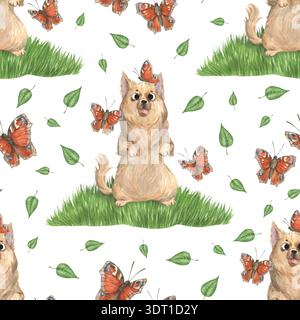 Ein Aquarellmuster mit einem Chihuahua auf einem Rasen zwischen Schmetterlingen Stockfoto