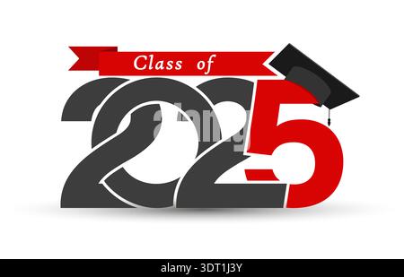 Klasse 2025. Stilisierte Inschrift mit dem Jahr und der Mütze des Absolventen. Vektor-Illustration für Graduierung thematisches Design, einfacher Stil. Stock Vektor