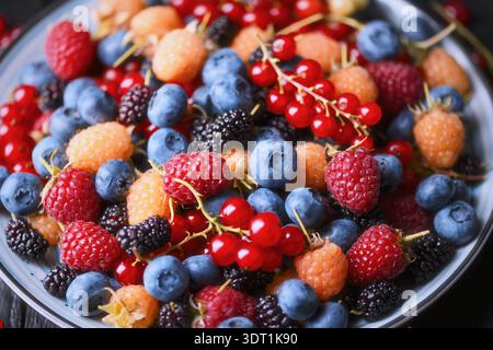 Nahaufnahme gemischter Sommerbeeren in der Schüssel, geringe Tiefe des Feldes. Frisches Bio-Sortiment, lebendige Fruchtstruktur Stockfoto