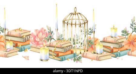 Vintage-Blumenrand mit alten Büchern, Kerzen, goldenem Vogelkäfig und Blumen. Ästhetische elegante Retro Aquarellillustration isoliert Stockfoto