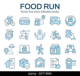 Symbolset für Lebensmittellieferung und Logistik. Bearbeitbare Positionssymbole mit Kurieren, Tracking, Verpackung, Zahlung und Auftragsverwaltung. Stock Vektor