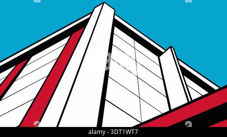 Ein modernes Gebäude mit roten und weißen Streifen an der Fassade. Der Blick von unten ist in einen hellblauen Himmel hinauf. Stockfoto