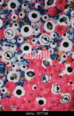 Bunte Bonbons und essbare Augen auf Zuckerguss Stockfoto