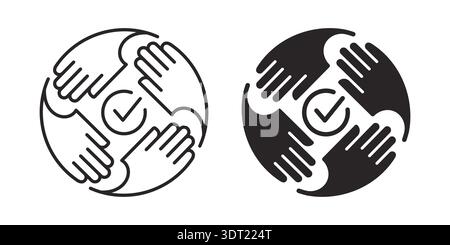 Symbol für Zusammenarbeit mit Händen. Teamwork, Unterstützung, Einheit und ein gemeinsames Ziel in konturierten und soliden Symbolen repräsentieren. Stock Vektor
