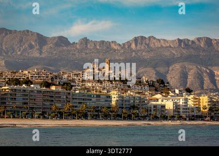 Eine sonnendurchflutete Küstenstadt mit weißen Gebäuden am Hügel, einer Kuppelkirche, einem palmengesäumten Strand, Altea, Spanien Stockfoto