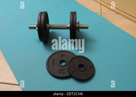 Verstellbare Hantel mit Hantelplatten auf einer blauen Trainingsmatte Stockfoto