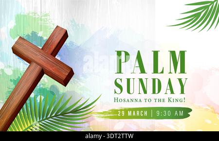 Palmensonntag - Hosanna an den König, kreatives Banner mit Symbolen der Karwoche. Palm Sunday Einladung Design mit Kreuz und Palmkranz auf Aquarell Stock Vektor