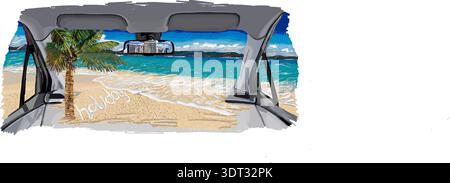 Ein Strand, der sich in das Auto erstreckt, mit dem Meer und Palmen im Hintergrund. Ein Blick auf die Stadt ist im Rückspiegel zu sehen. Vektorabbildung. Stock Vektor