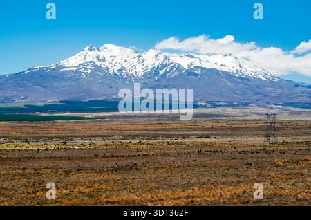 Der Mount Ruapehu in Neuseeland hat einen schneebedeckten Gipfel vor einem klaren blauen Himmel. Der Vordergrund besteht aus einem weiten, flachen Land mit karger Vegetation Stockfoto