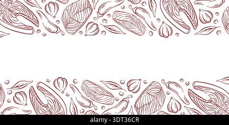 Meeresfrüchte-Rahmen Illustration mit Lachssteak, Chili-Pfeffer, Knoblauch und Kräutern im Line-Art-Stil. Idealer kulinarischer Hintergrund auf weiß für Meeresfrüchte-Menü Stock Vektor