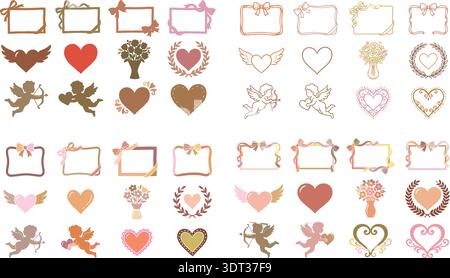Valentinstag romantische Rahmen Herzen und Cupid Icons Sammlung Vektor-Set Stock Vektor