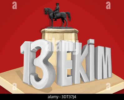 Dieses Design, das mit Vektorgrafiken erstellt wurde, erinnert an den Jahrestag, an dem Ankara die Hauptstadt von Türkiye am 13. Oktober wurde. Denkmal von Atatürk Stock Vektor