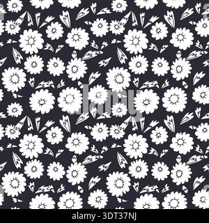 Nahtloses Muster in Schwarz-weiß-Optik mit floralem Muster. Handgezeichneter Vintage-Hintergrund mit winzigen Gänseblümchen. Einfarbige Cottagecore-Textur Stock Vektor