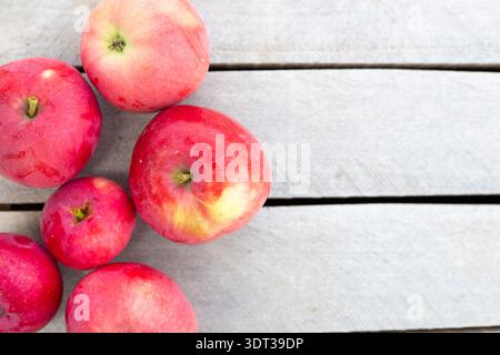 Nahaufnahme reifer roter Äpfel, die auf hellen Holzbrettern liegen. Bio-Lebensmittel, gesunder Lebensstil, Sommerernte. Stockfoto