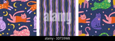 Skurrile Katzenmuster Set In Hand Gezeichneter Doodle Vektor Kinder Hintergrund Wallpaper Textile Line Sketch Collection Stock Vektor