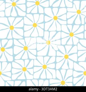 Nahtloses Blumenmuster mit vereinfachten Gänseblümchenformen in Blau und weiß mit gelben Mittelpunkten. Ein klares, modernes Design, das sich für Textilprodukte eignet Stockfoto
