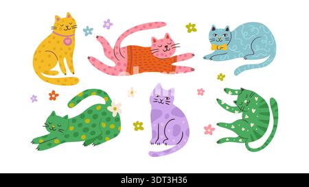 Skurrile Katze Niedliches Haustier Illustration Vektor Flache Schrullige Cartoon Tier Glückliche Charakter Set Dreamy Collection Stock Vektor