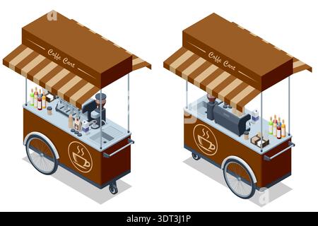 Isoliertes Set für Kaffeewagen. Isometrischer Kaffeewagen mit Markise und Espressomaschine. Straßencafe mobiler Kiosk isoliert auf weißem Hintergrund. Stock Vektor