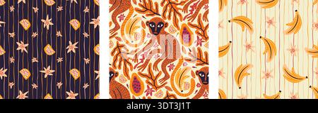 Affe, Banane, Papaya und skurrile exotische Blumen tropische nahtlose Muster Set Regenwald Boho Vintage Hintergrund Stock Vektor