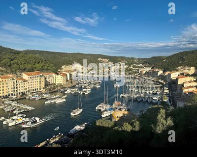 Hafen und Stadtzentrum von Bonifacio an der Südspitze der Mittelmeerküste Korsikas im Sommer Stockfoto