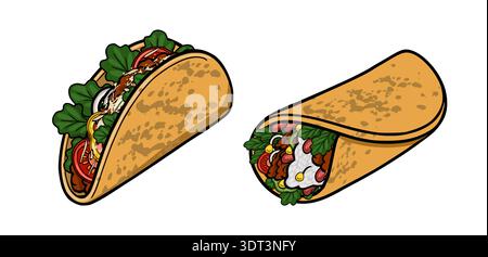 Set mit köstlichen Vektor-Taco- und Burrito-Illustrationen mit frischen Zutaten Stock Vektor