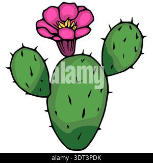 Leuchtende rosa Blume blüht auf einer stachelgrünen Kaktusillustration, Vektor Stock Vektor