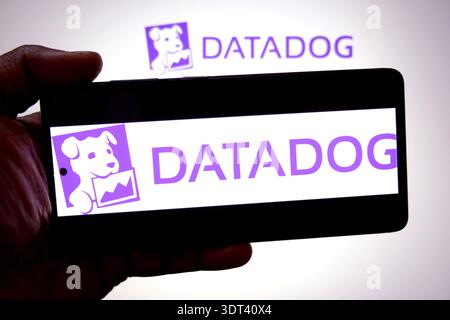 In dieser Fotoabbildung wird ein Datadog-Logo auf einem Smartphone und im Hintergrund angezeigt. Stockfoto