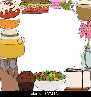 cafe Essen Kaffee Tee Rahmen Vorlage quadratische Cafe Hand gezeichnete Illustration. Grafischer Vektortinte. Silhouettenzeichen für Logo, Druck, Comics und Mode Stock Vektor