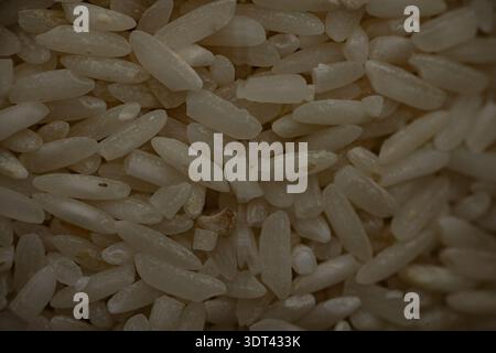 Makroaufnahme von ungekochten weißen Reiskörnern mit Textur und natürlichen Details Stockfoto